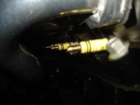 1984 Jeep J-10 - Close-up view of two yellow spark plugs, likely from an engine bay, with visible brass tips and ribbed insulators.
