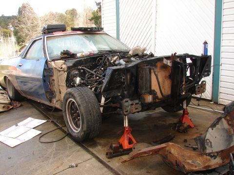 1973 Ford Ranchero - This 1973 Ford Ranchero is undergoing extensive work, with its front end completely dismantled.