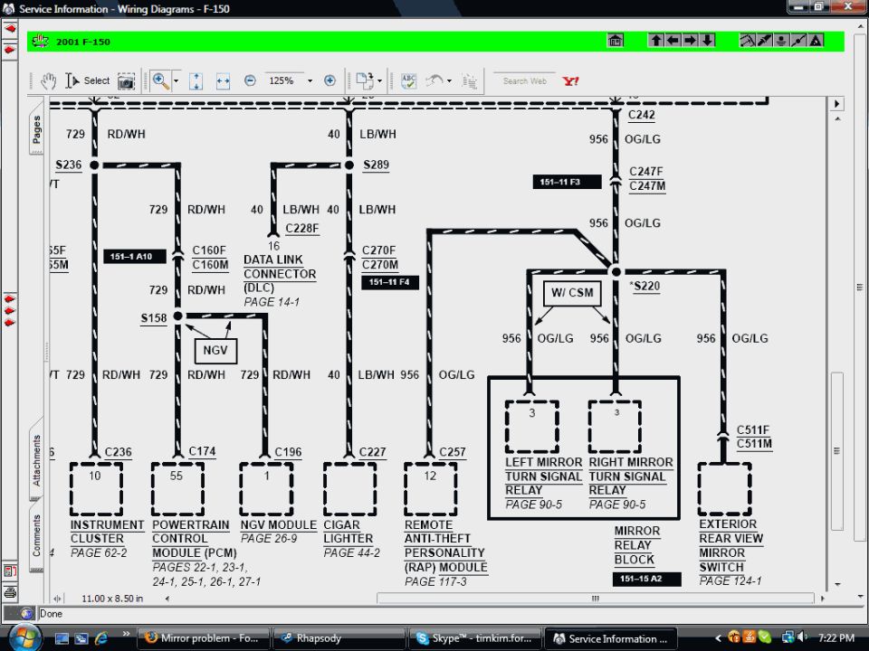 2001 Ford F-150 power mirror and turn-signal relay wiring diagram with circuit connectors