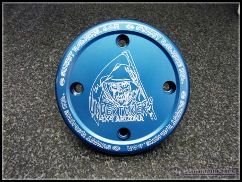 1966 Ford Bronco - Blue metal cover a grim reaper graphic and 'Undertakers 4x4 Arizona' text, with 'Summit Machine Inc.' around the edge.