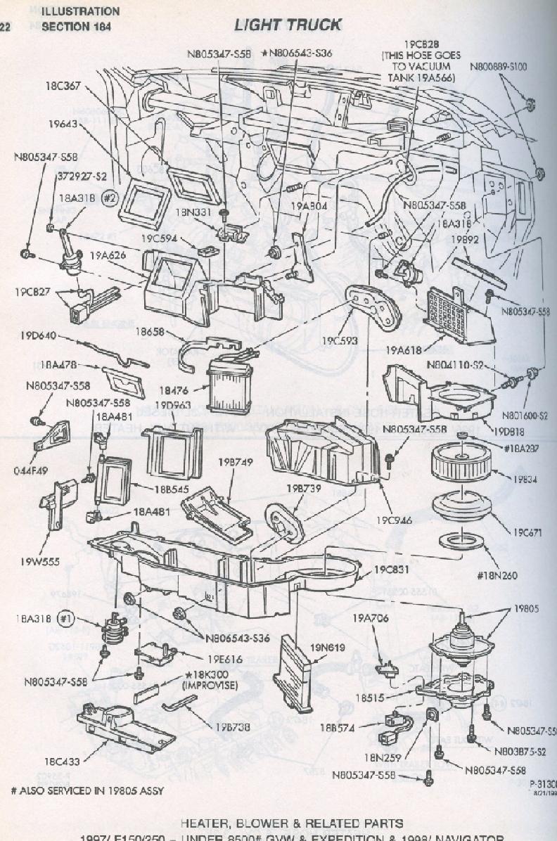 Exploded parts illustration of light truck heater, blower, and HVAC case components with part numbers