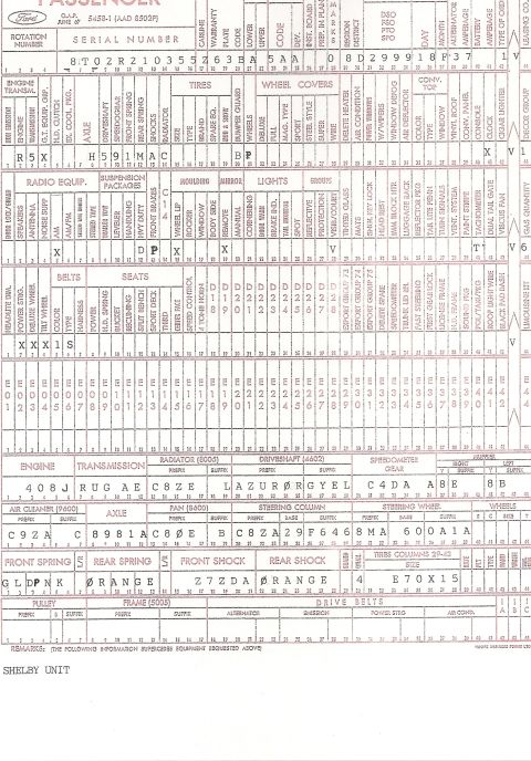 1968 Shelby GT500 - This document details various options and codes for a Ford vehicle, including engine, transmission, and axle information.