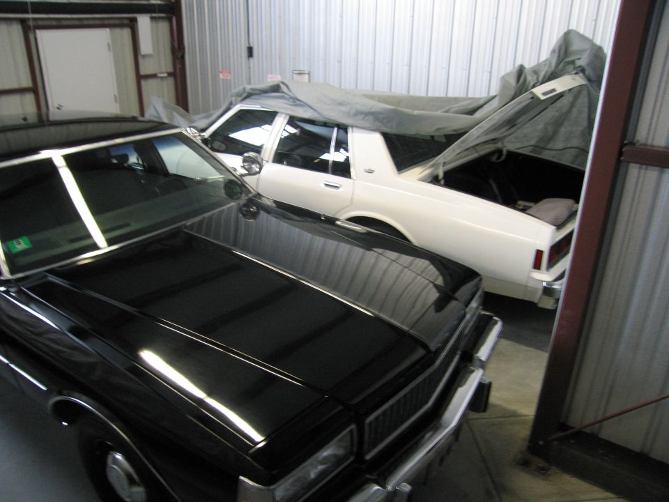 Black and white sedans parked among covered cars in storage