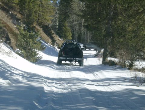 1990 Ford Bronco - A black Ford Bronco drives down a snow-covered road lined with pine trees. The vehicle is viewed from the rear as it navigates the snowy te…