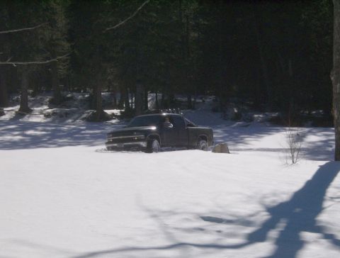 1990 Ford Bronco - A dark-colored pickup truck is partially submerged in snow, with its front end facing the camera. The truck is surrounded by a snowy landsc…