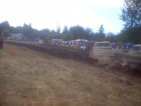 1976 Ford F-100 - A tan pickup truck kicks up mud as it drives through a track during a mud drag event.