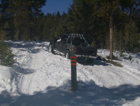 1990 Ford Bronco - A pickup truck navigates a snowy path through a forest, with a spare tire visible in the cargo bed.