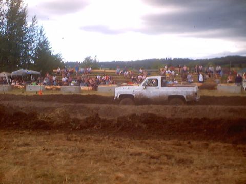 1976 Ford F-100 - A white pickup truck navigates a muddy track during a mud drag event.