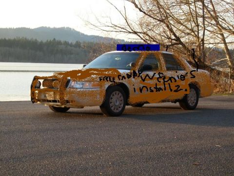 1996 Ford Crown Victoria - A police car is parked by a lake with trees in the background. It has a light bar and text drawn on its side.