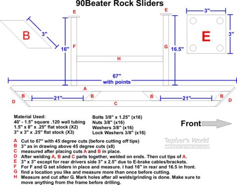 1996 Ford Bronco - Diagram details the construction and measurements for custom rock sliders.