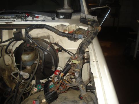 1991 Ford Bronco - The engine bay of a 1991 Ford Bronco shows a complex wiring harness and brake booster assembly. Tools are visible on the dashboard in the b…