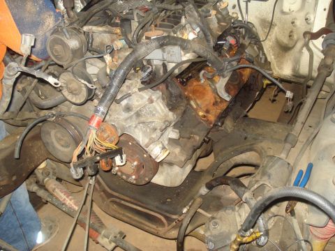 1991 Ford Bronco - This is a close-up, angled view of a heavily corroded V8 engine bay, likely from a 1991 Ford Bronco, with many wires, hoses, and engine com…