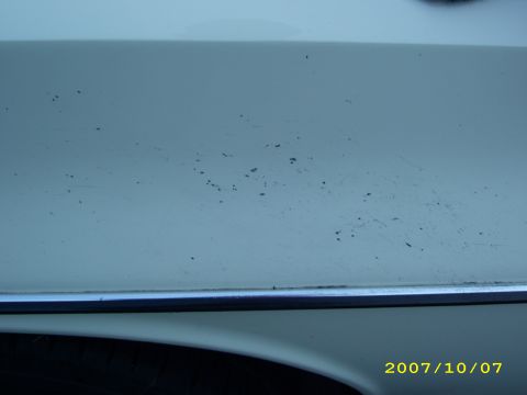 1972 Ford Ranchero - A close-up view of the side panel of a light-colored vehicle, showing numerous small dark specks and faint scratches. A thin chrome trim pi…