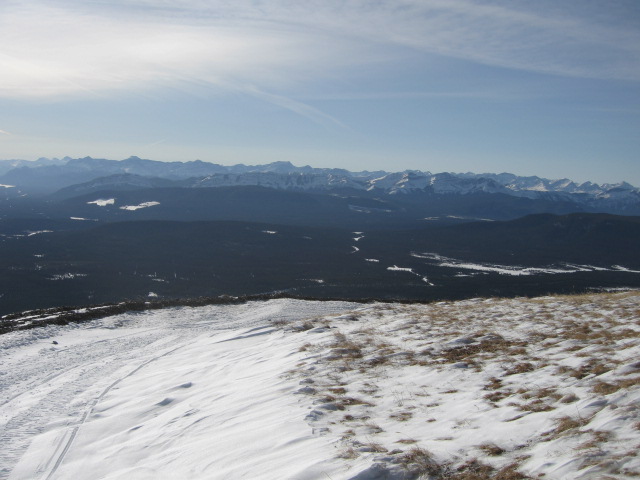 Snowy mountains and forest landscape.