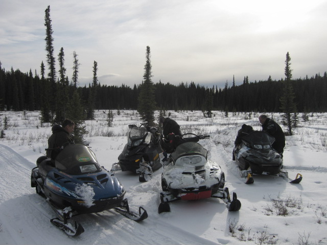 Three snowmobiles parked in a snowy forest with two people.