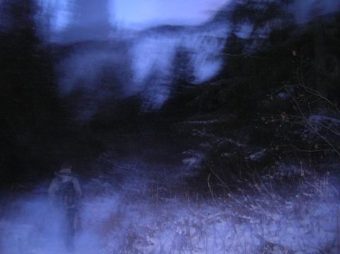 1996 Ford Bronco - A person wearing a backpack walks through a misty, dark forest at night. The scene is illuminated by a cool blue light, creating an etherea…