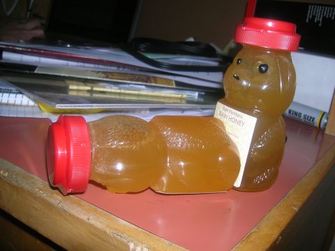 1996 Ford Bronco - A bottle of honey shaped like a bear is lying on its side on a reddish-brown surface. The bottle has a red cap and a label that reads "Pure…