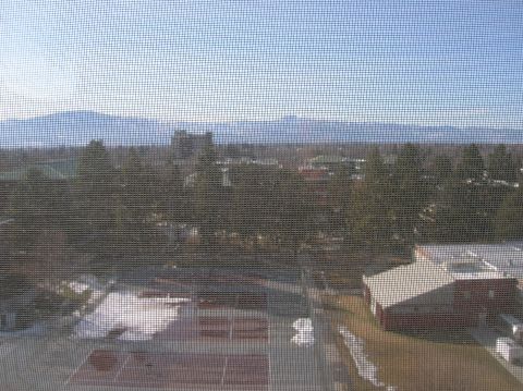 1996 Ford Bronco - A view through a window screen of a landscape with mountains in the distance and buildings and trees in the midground. In the foreground, t…