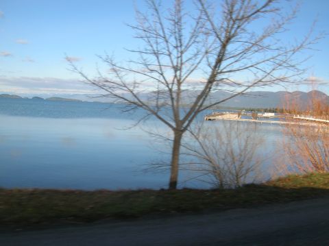 1996 Ford Bronco - A wide shot of a calm, blue lake with mountains in the distance under a clear sky. A bare tree is in the foreground, and a dock or pier is…