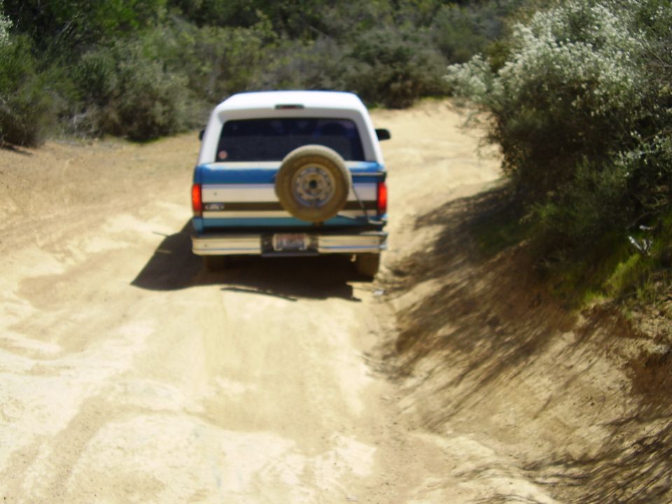 Blue and white Ford Bronco driving away on a dirt trail