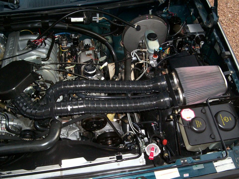 Engine bay with cone air intake and braided cooling hoses