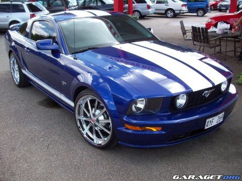 1998 Ford Crown Victoria - A blue 2005 Ford Mustang GT with white racing stripes and custom chrome wheels is parked outdoors.