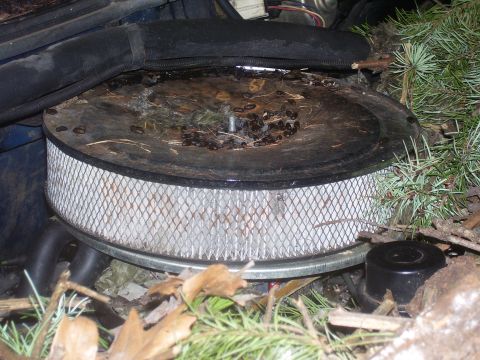1991 Ford Bronco - Engine air filter housing is clogged with debris, suggesting neglect or outdoor storage.