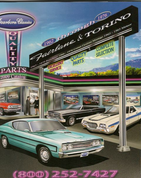 1971 Ford Ranchero - This illustration showcases various Ford Fairlane and Torino models from different years, alongside dealership signage.