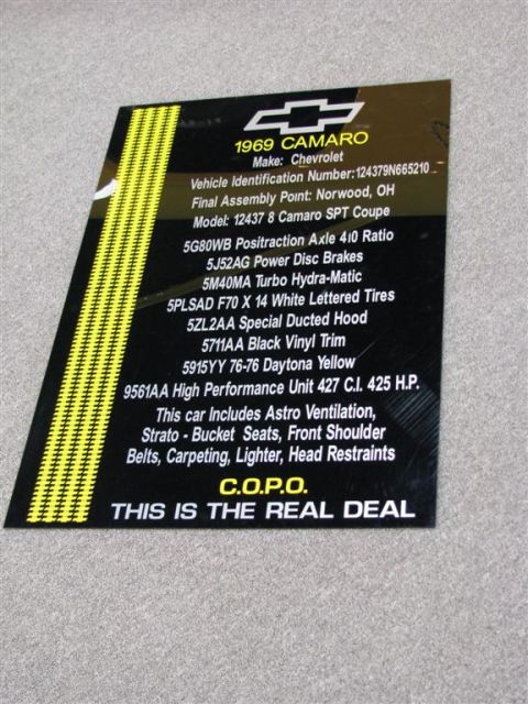2003 Mercury Marauder - A document detailing a 1969 Chevrolet Camaro, highlighting its COPO status and specifications.