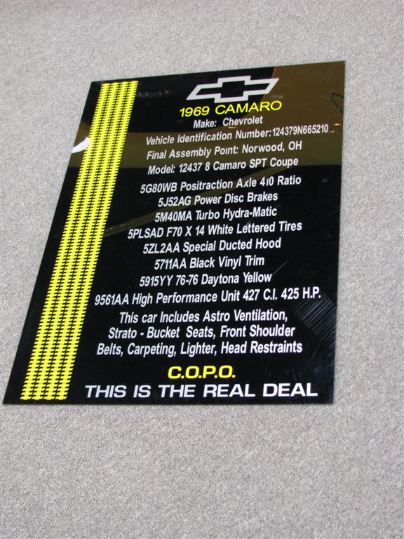 Document detailing a 1969 Camaro, listing its VIN, options, and engine specs. Says 'COPO' and 'THIS IS THE REAL DEAL'