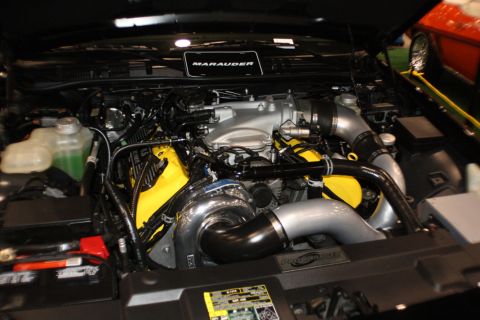 2003 Mercury Marauder - Customized engine bay a prominent turbocharger and "Marauder" branding.