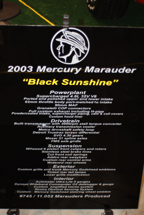 2003 Mercury Marauder - This document details the custom modifications for the 2003 Mercury Marauder "Black Sunshine", including its powerplant, drivetrain, and su…
