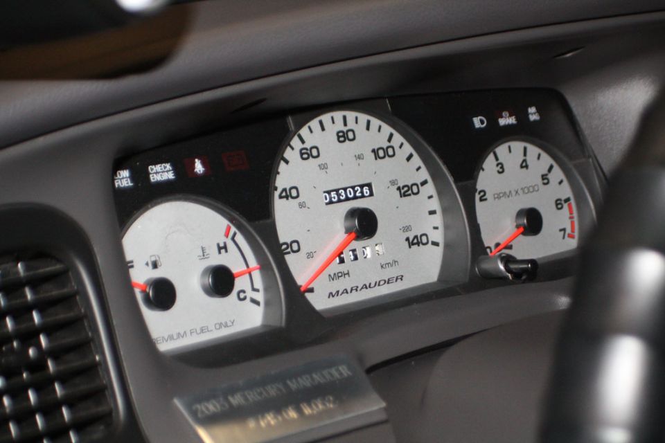 Dashboard gauges for a 2003 Mercury Marauder, showing 053026 miles and 135 mph