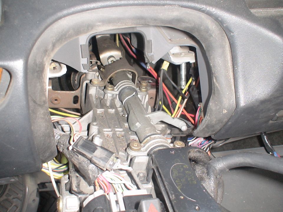 Exposed steering column and wiring with dash and steering wheel removed
