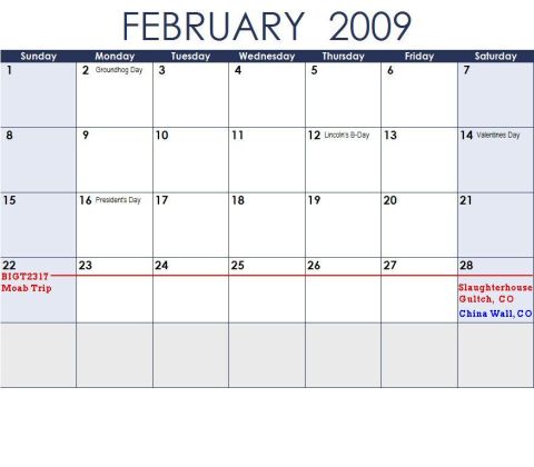 1978 Ford Bronco - February 2009 calendar page shows events including "BIGT2317 - Moab Trip" and "Slaughterhouse Gulch, CO China Wall, CO".
