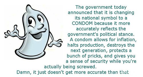 Cartoon condom with text about government
