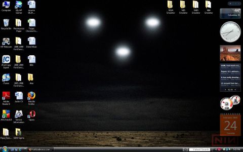1977 Ford F-100 - This desktop wallpaper features three bright lights in a dark sky above a field, resembling a face.