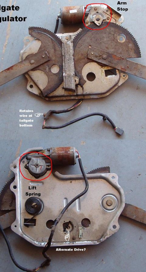 1986 Ford Bronco - This image displays a tailgate window regulator mechanism, showing its internal components and electrical connections.