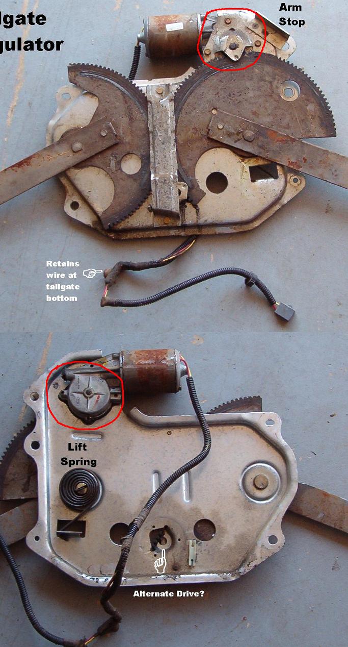 Two views of a tailgate window regulator mechanism with motor, gears, and lift spring. Text labels point out 'Arm Stop', 'Retains wire at tailgate bottom', and 'Lift Spring'