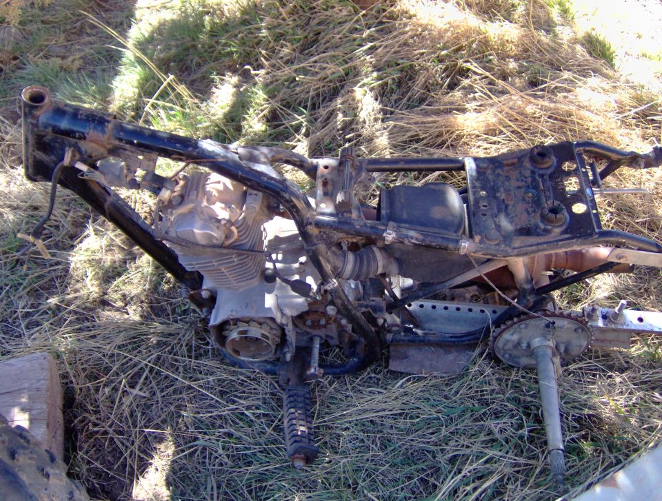 Stripped ATV frame with engine lying in grass