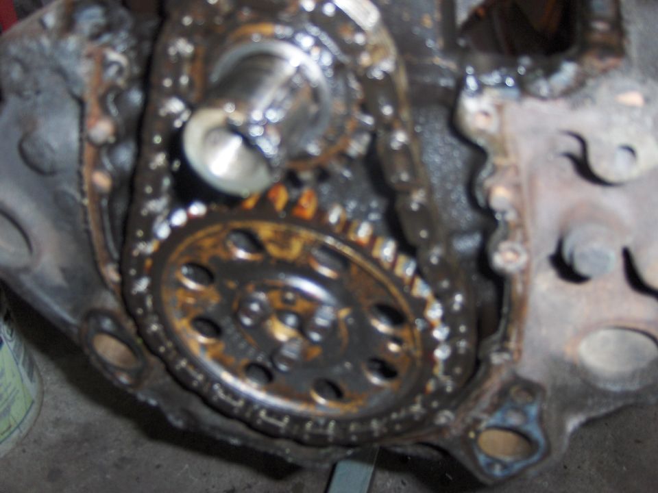 Engine timing chain and gears, close-up view