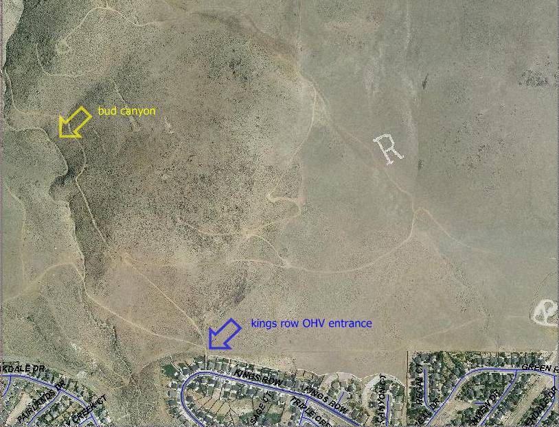 Annotated aerial map of an OHV trail area