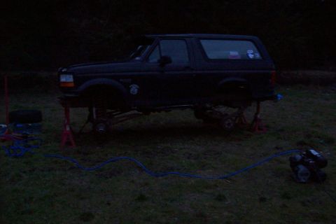 1995 Ford Bronco - This 1995 Ford Bronco is elevated on jack stands for maintenance or modification.