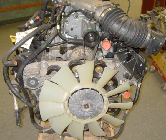 Photo of a Ford V8 engine front with cooling fan and serpentine belt