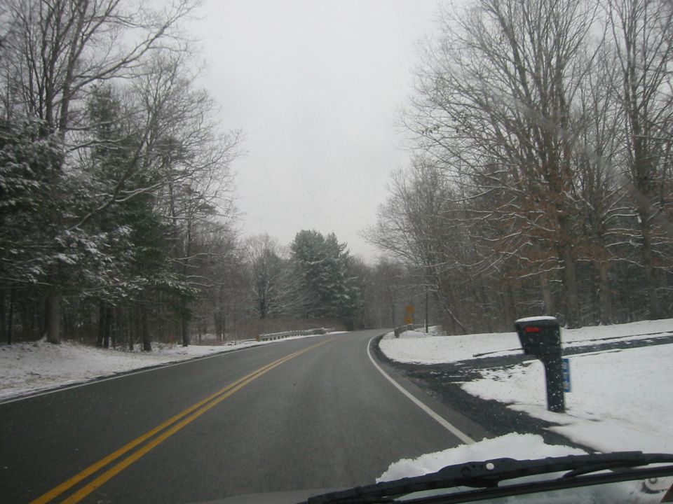A snow-covered road curves through a wooded area with a black mailbox on the right.