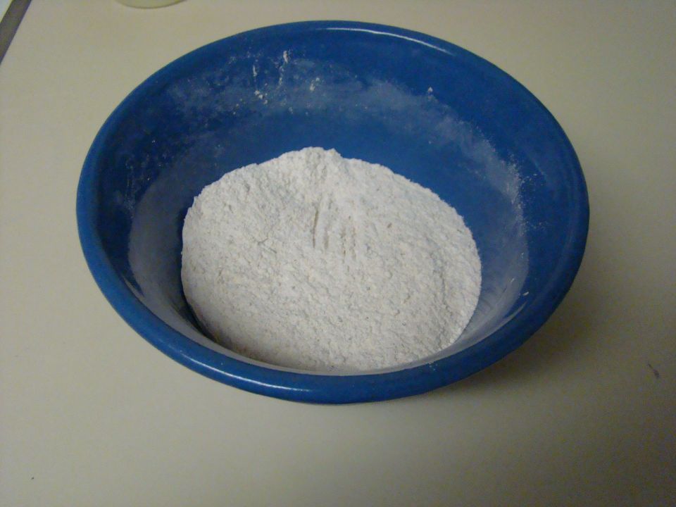 Blue bowl with white powder