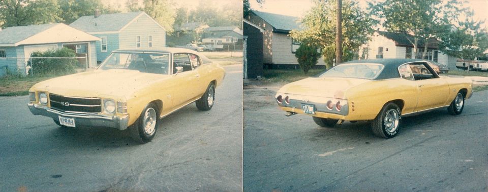 Yellow 1971 Chevrolet Chevelle SS coupe, front 3/4 and rear 3/4 views.