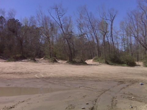 2008 Jeep Wrangler - A wide shot of a sandy area with tire tracks and a small puddle of water. Bare trees and brush line the background under a clear blue sky.