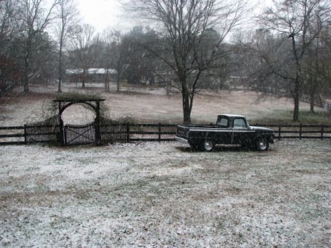 1966 Ford F-100 - A black 1966 Ford F-100 pickup truck sits in a field during a light snowfall.