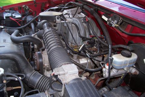 1995 Ford Bronco - Close-up view of an engine bay, showing various hoses, wires, and the engine block.
